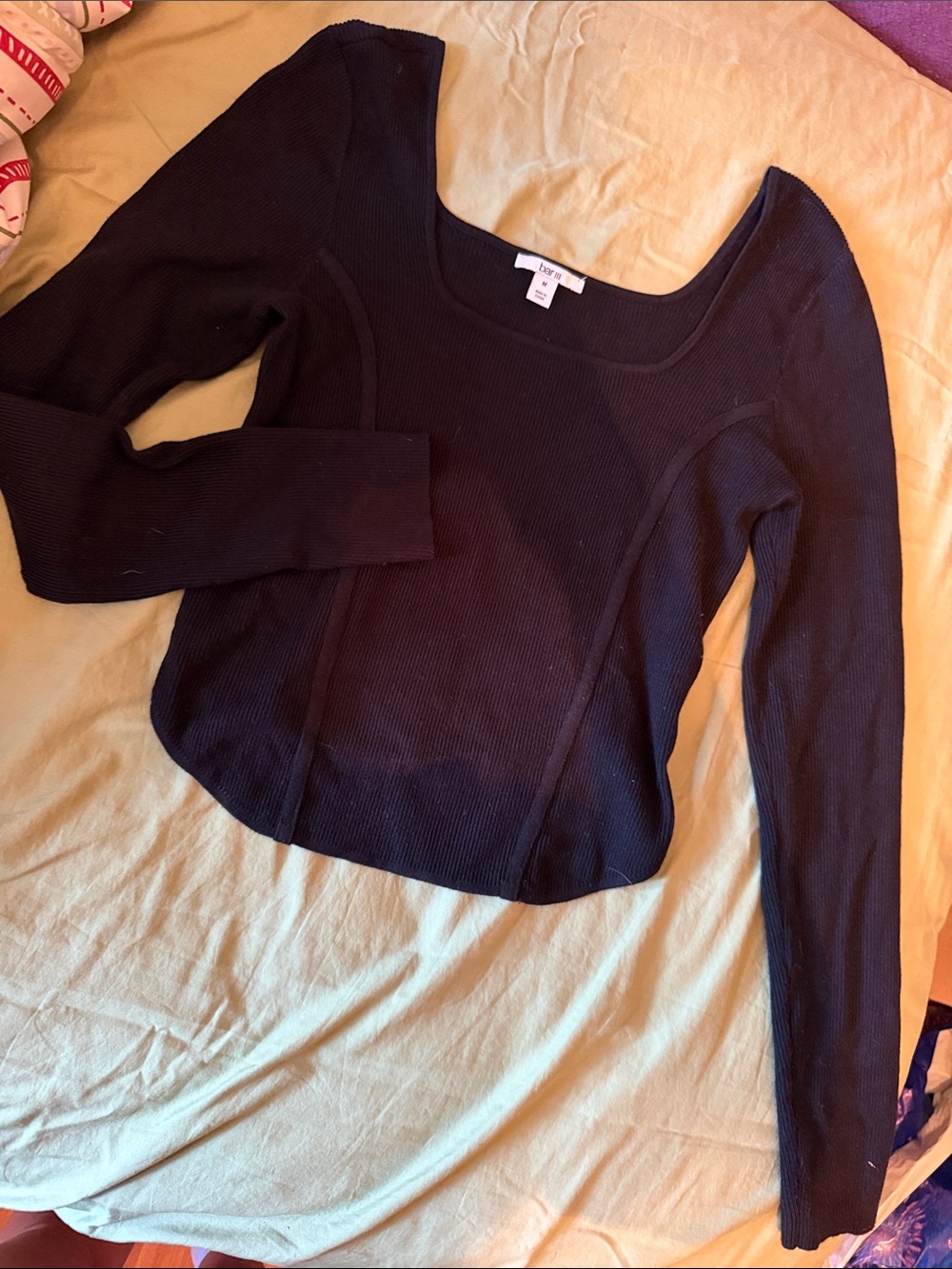 bar III Black Ribbed Scoop-Neck Long-Sleeve Crop Top